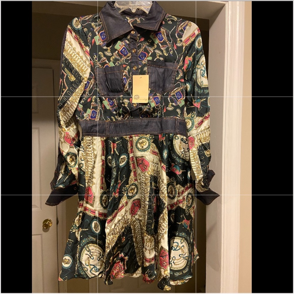 Silky and Denim Mix Shirt Dress Sz L